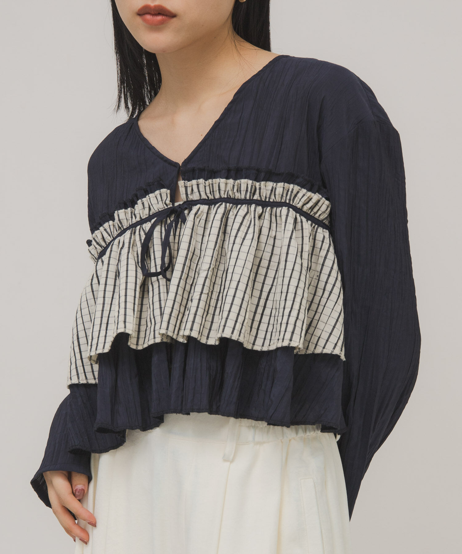  「フリルレイヤードブラウス」|シャツ・ブラウス|ネイビー