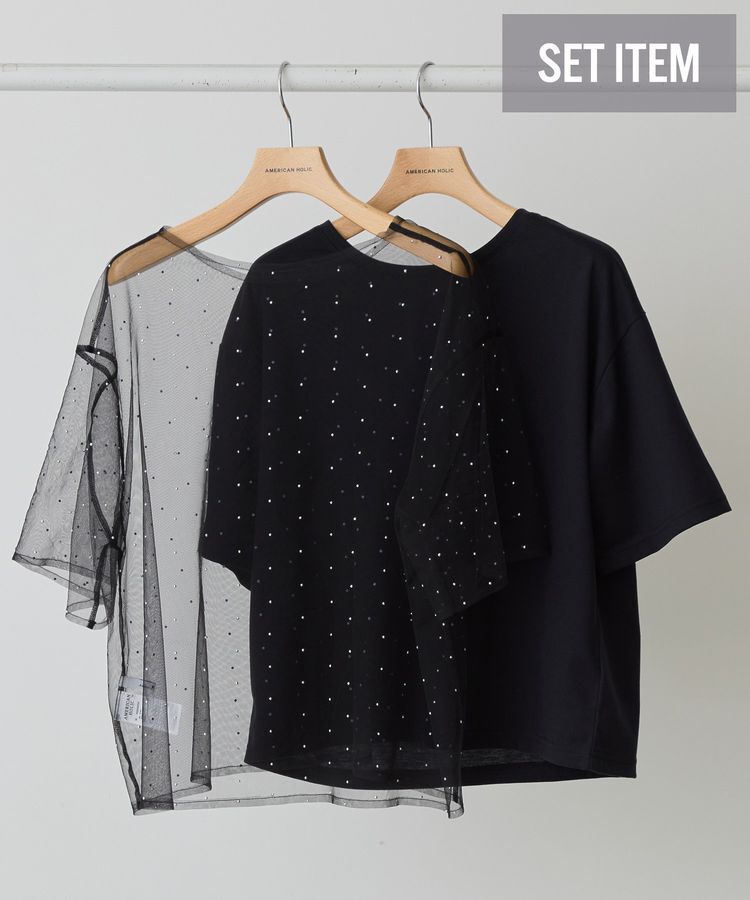 AMERICAN HOLIC「【2点SET】ラインストーンチュールレイヤードTシャツ」|Tシャツ・カットソー|