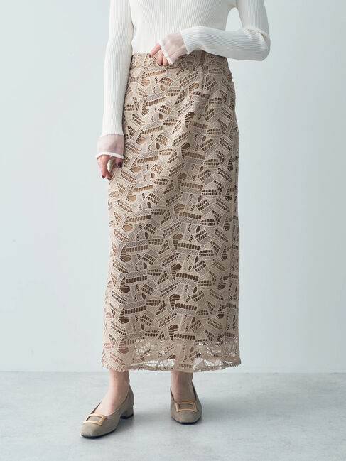 YECCA VECCA「幾何柄レースロングナロースカート」|スカート|ライトベージュ