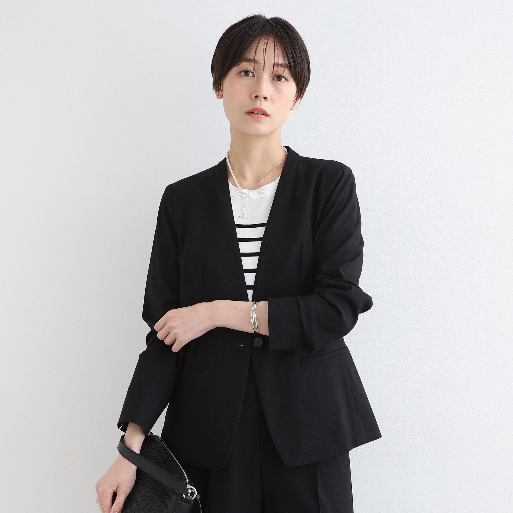 INDIVI「【洗える／UVケア／接触冷感／SETUP可能】麻混ノーカラージャケット」|スーツ|ブラック(019)