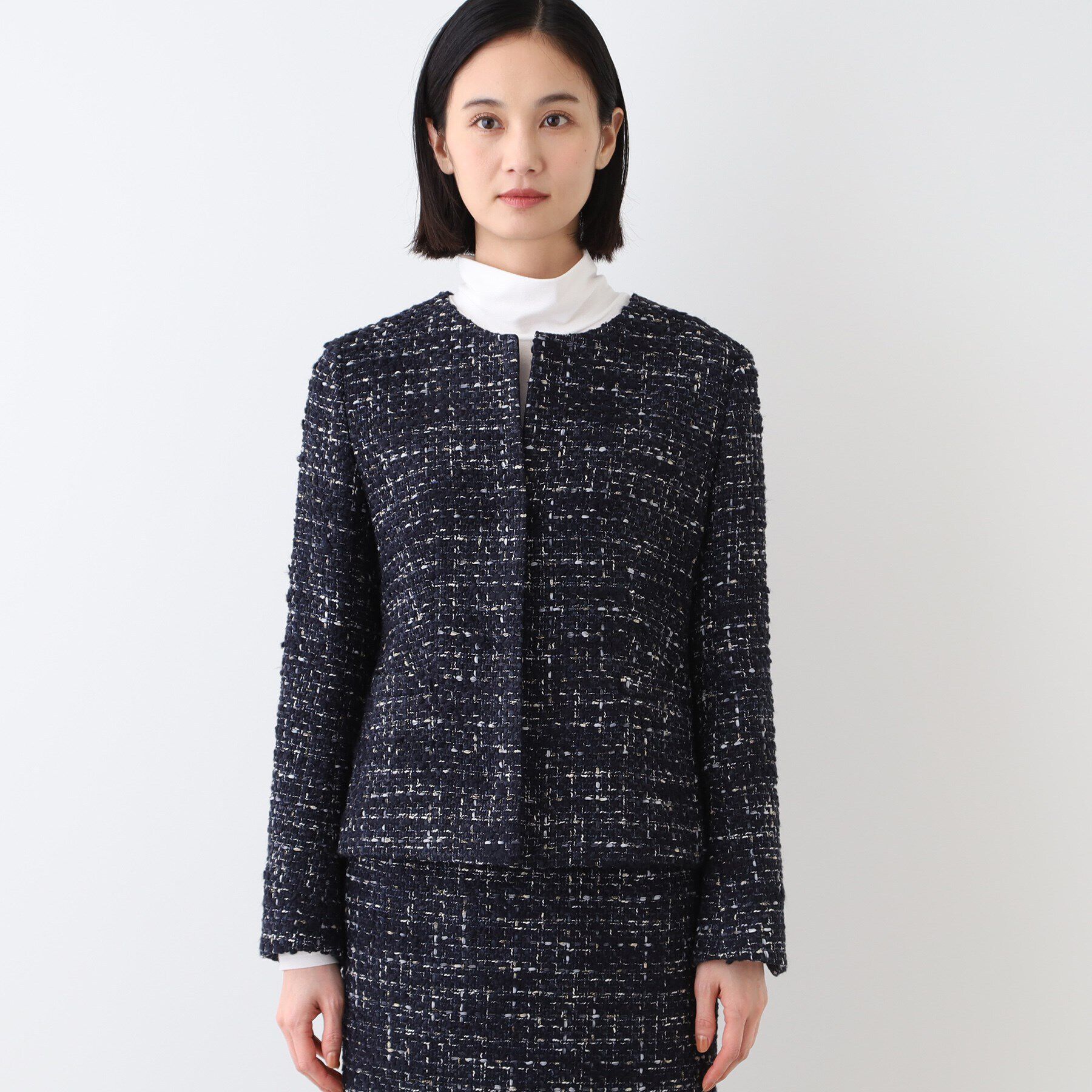 INDIVI「【日本製／SETUP可能／インポート素材】ラメ混ツイードノーカラージャケット」|ノーカラージャケット|
