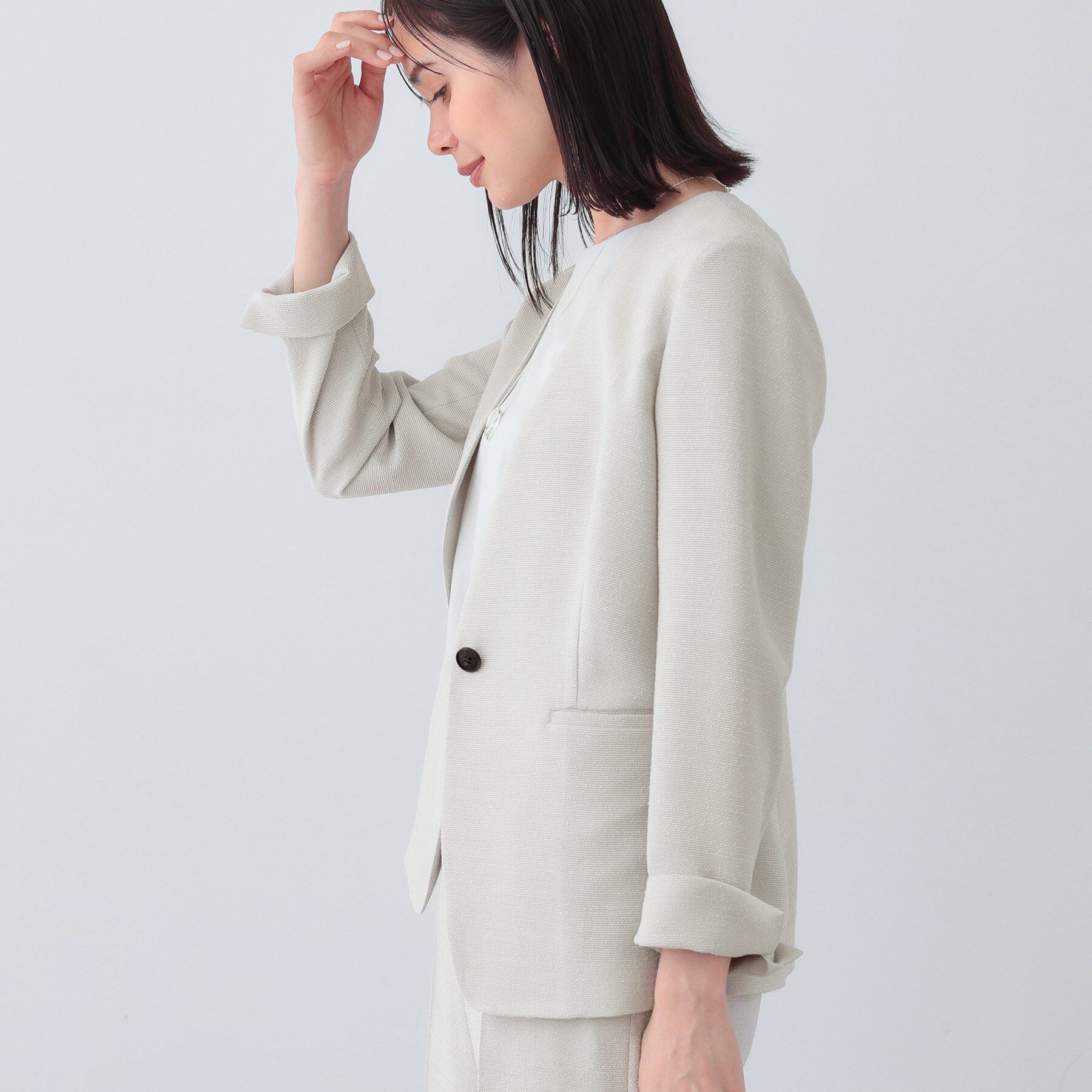 INDIVI「【日本製／SETUP可能】トリアセテート混ノーカラージャケット」|スーツ|