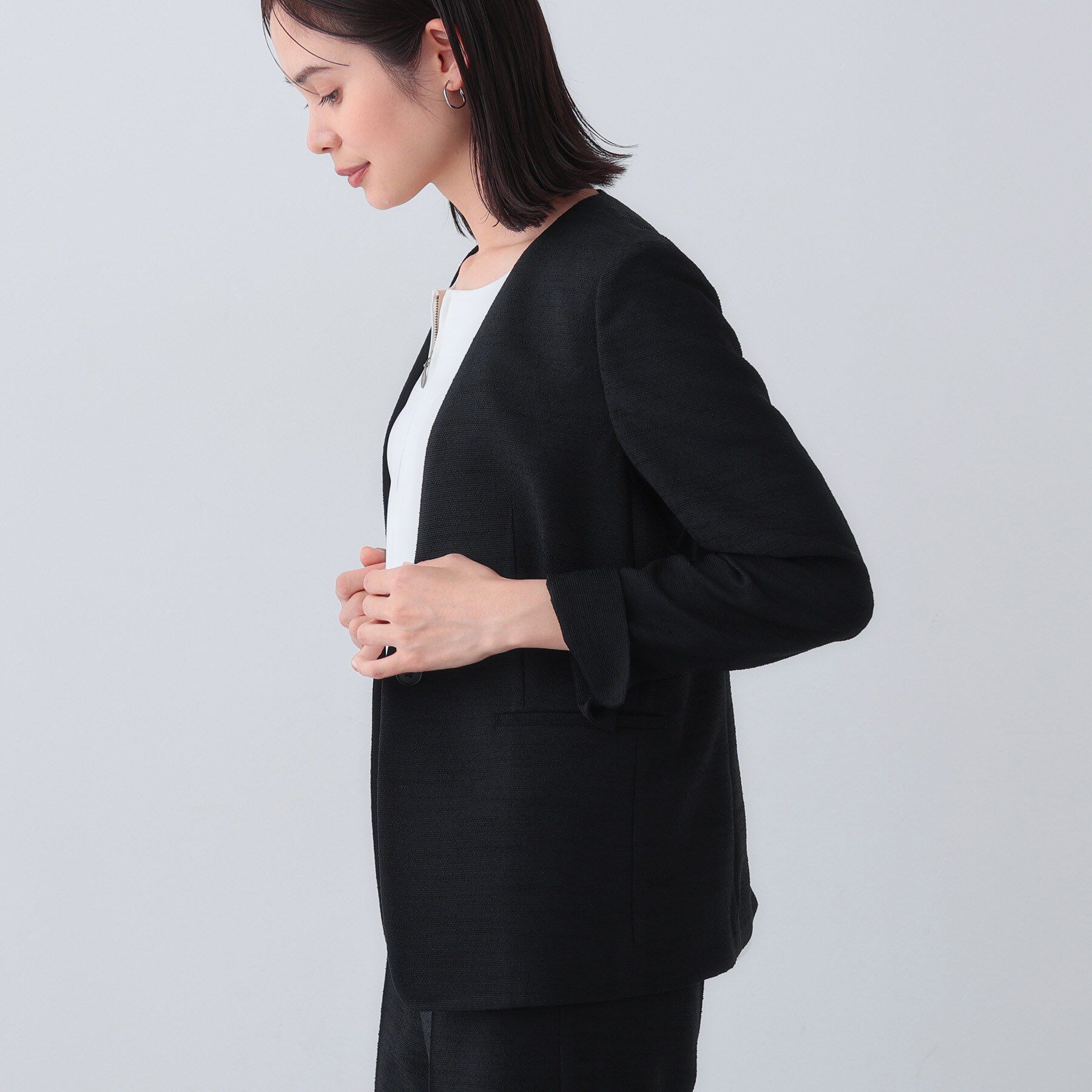 INDIVI「【日本製／SETUP可能】トリアセテート混ノーカラージャケット」|スーツ|