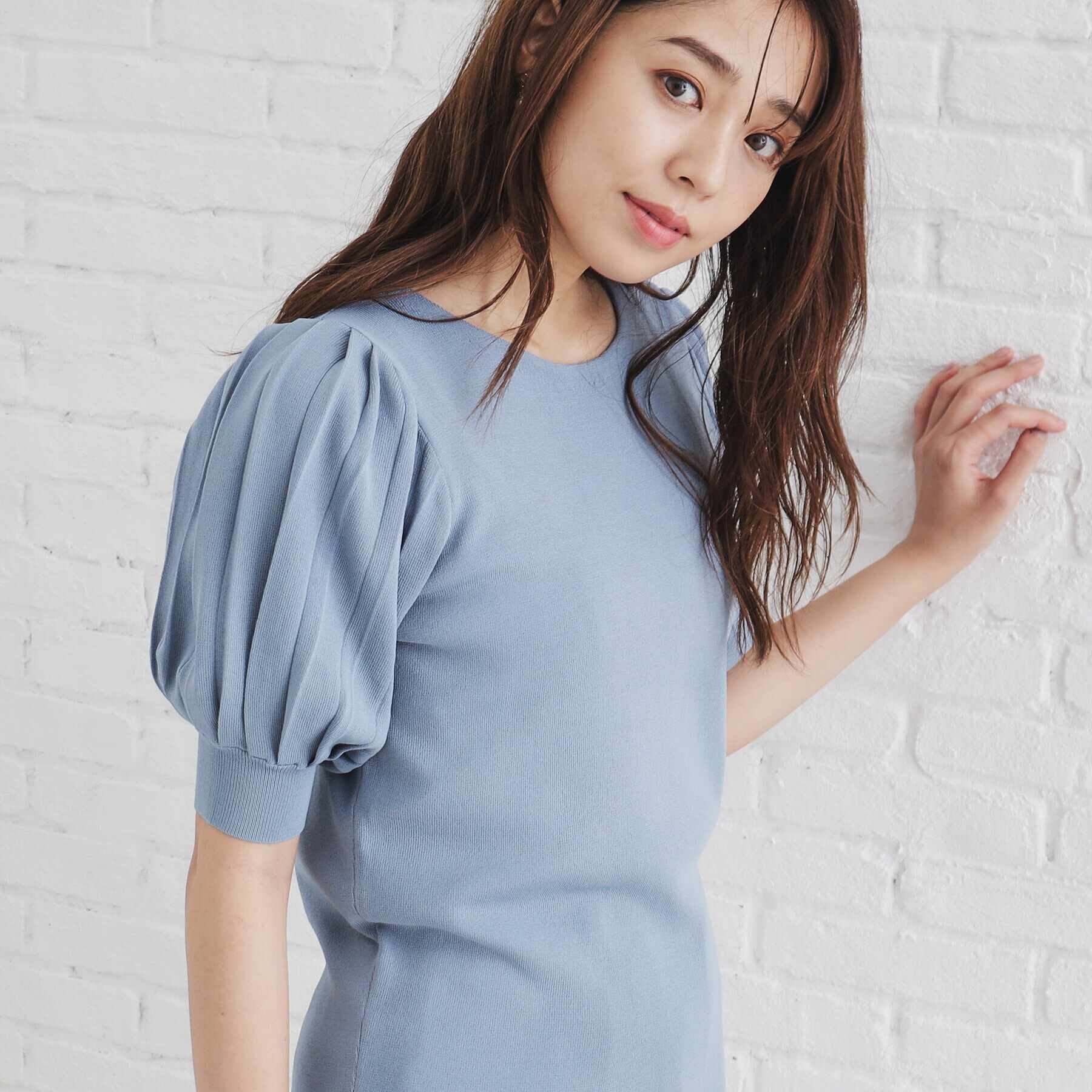 index「《S-LLsize/6color》ドライタッチ プリーツスリーブニット【洗濯機洗い可/抗ピル/接触冷」|ニット・セーター|ブルー(891)