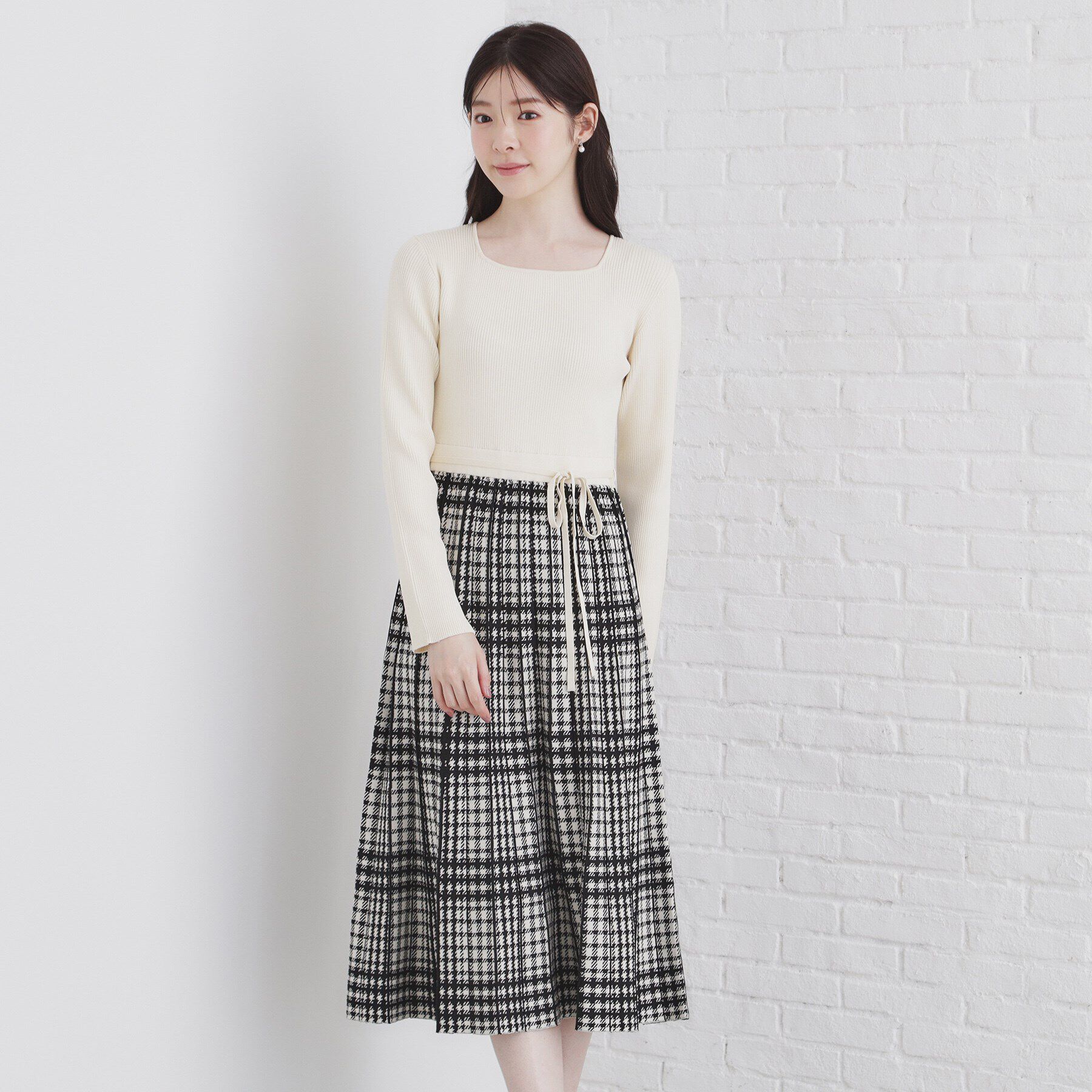 index「チェックプリーツ風ニットワンピース【洗濯機洗い可/抗ピル】」|ワンピース|