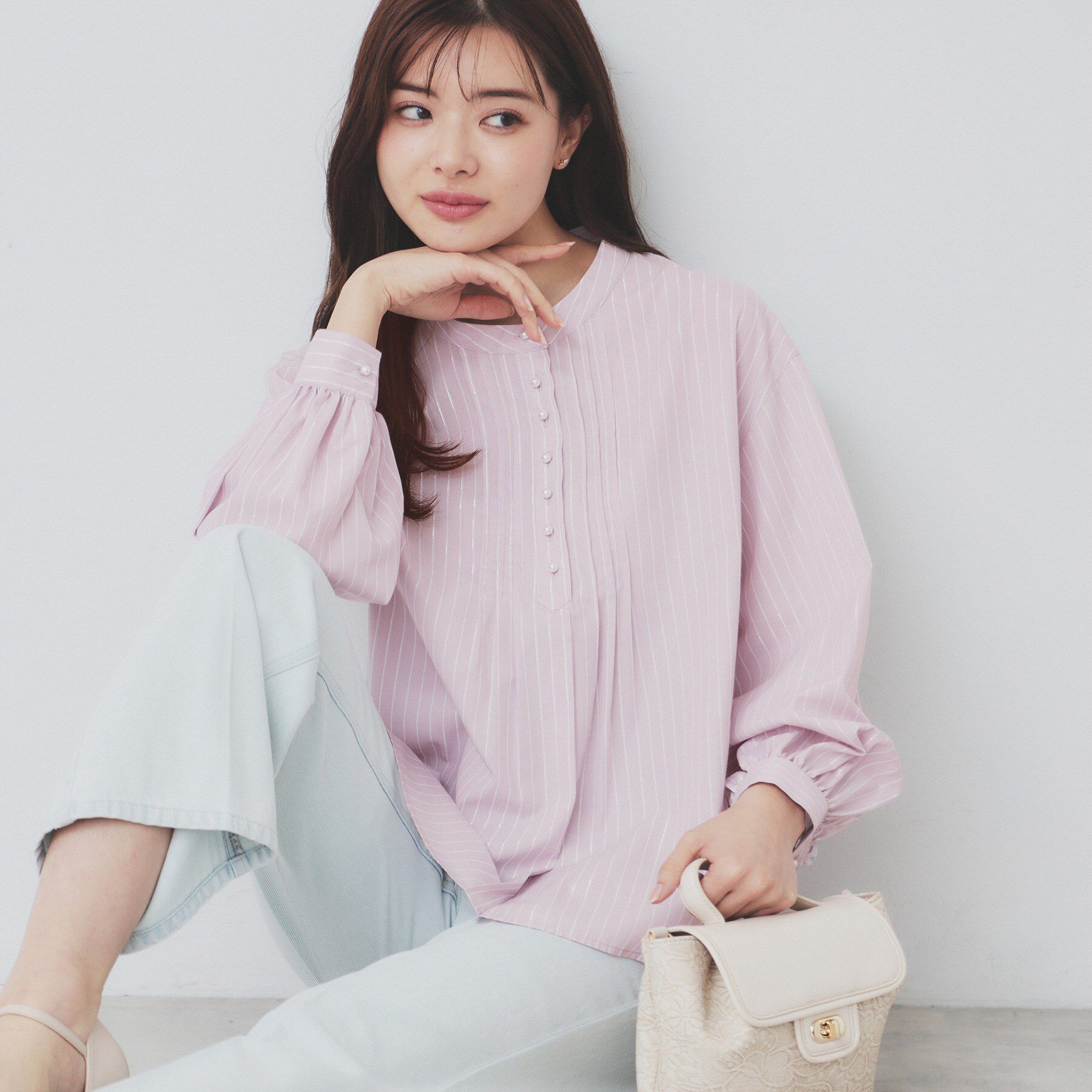 index「《6color》ラメラインバンドカラーシャツ【洗濯機洗い可/イージーアイロン/防シワ】」|シャツ・ブラウス|ラベンダー(380)