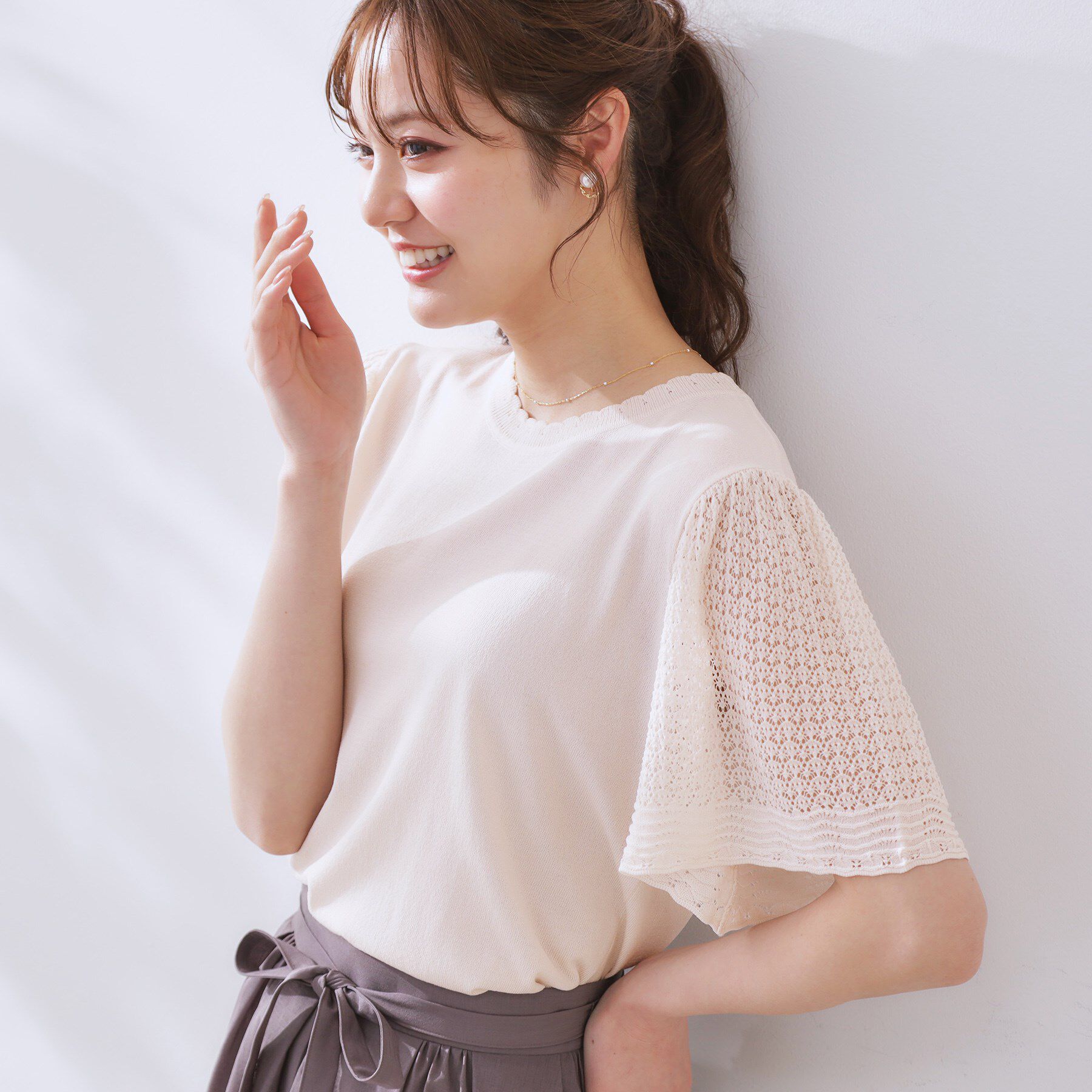 Couture broach「【手洗い可能・UV・アンチピリング・接触冷感・二の腕カバー】透かし袖ニットトップス」|ニット・セーター|