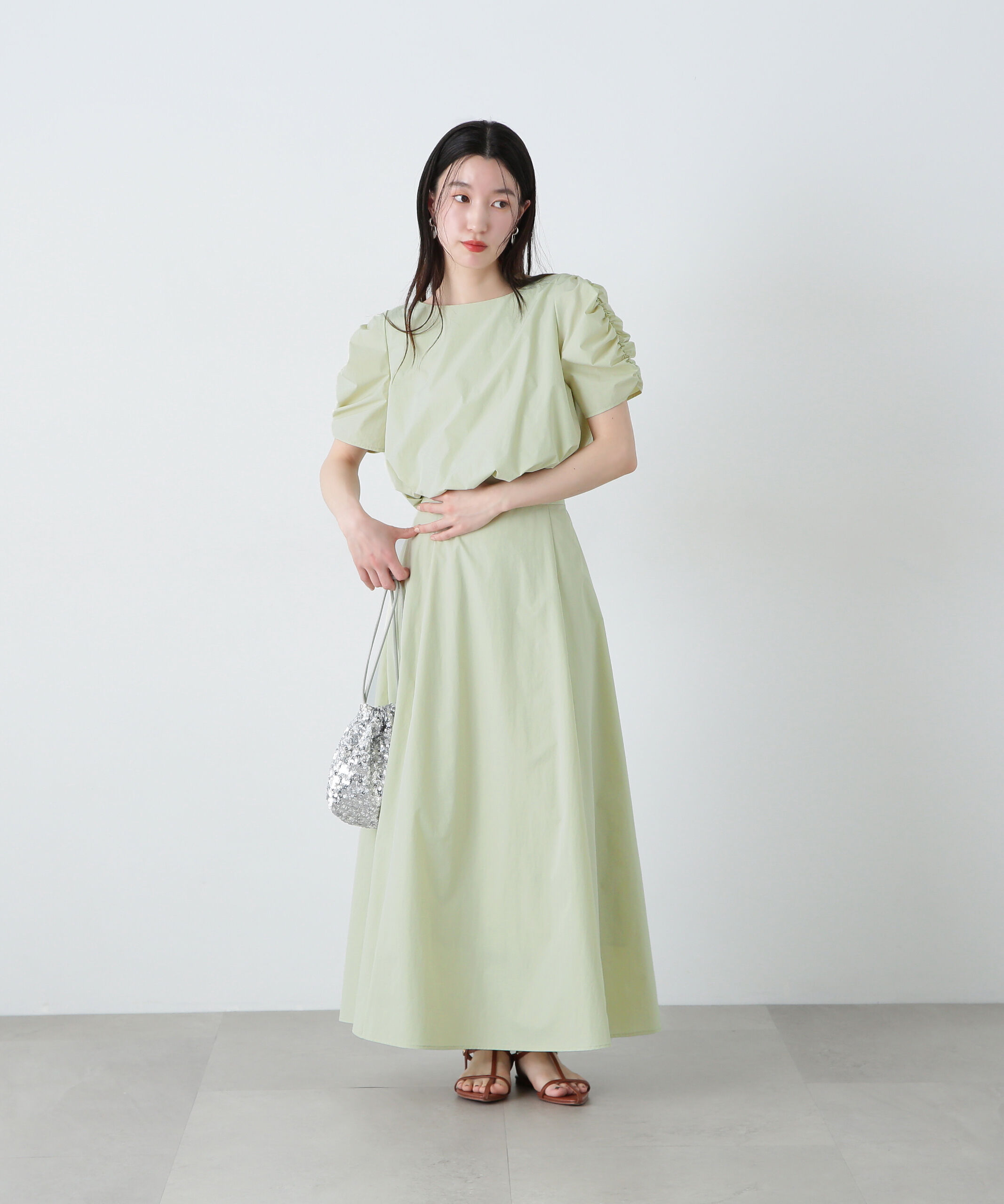  「シャーリングスリーブブラウス&times;スカートセット」|ワンピース|