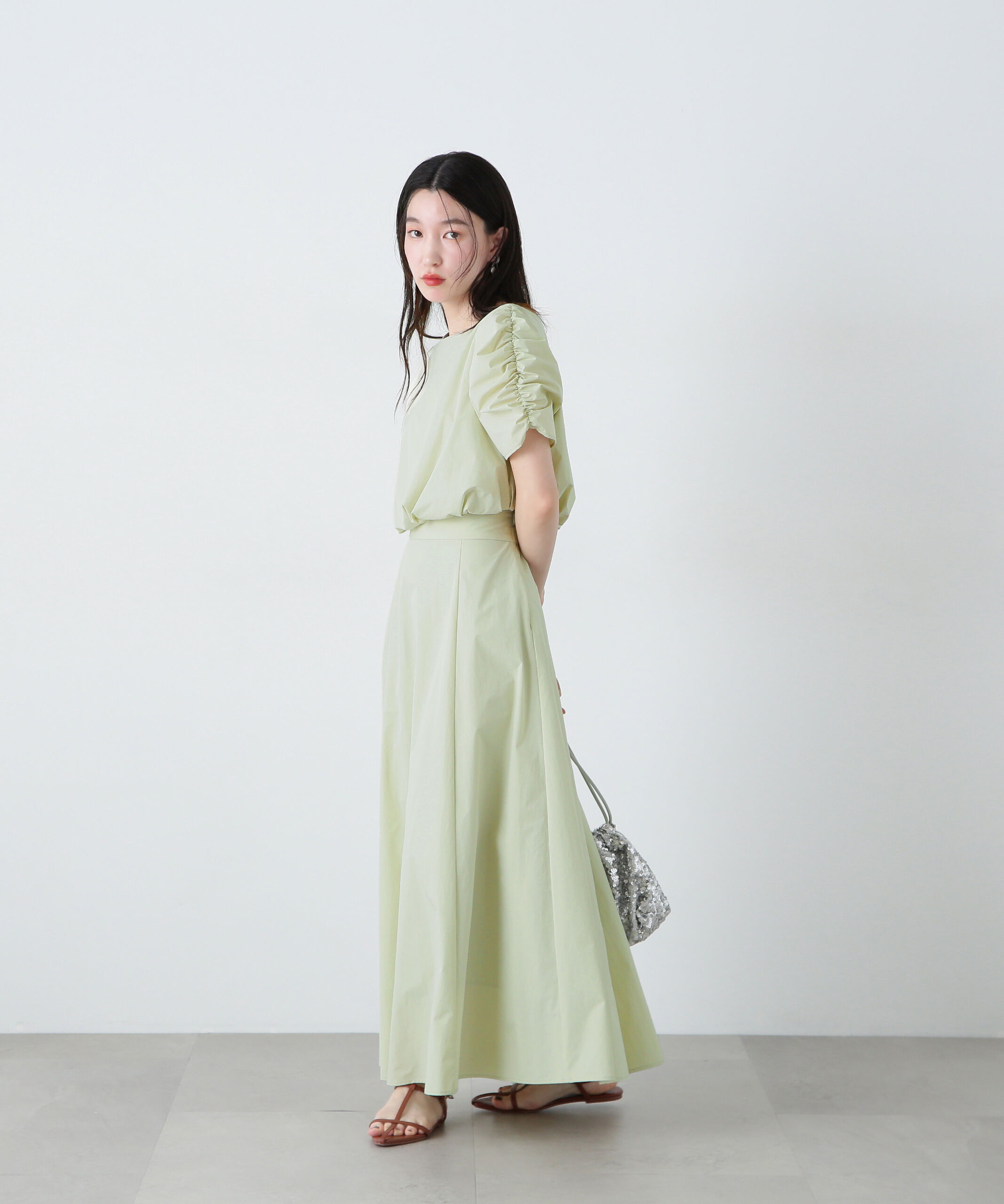  「シャーリングスリーブブラウス&times;スカートセット」|ワンピース|