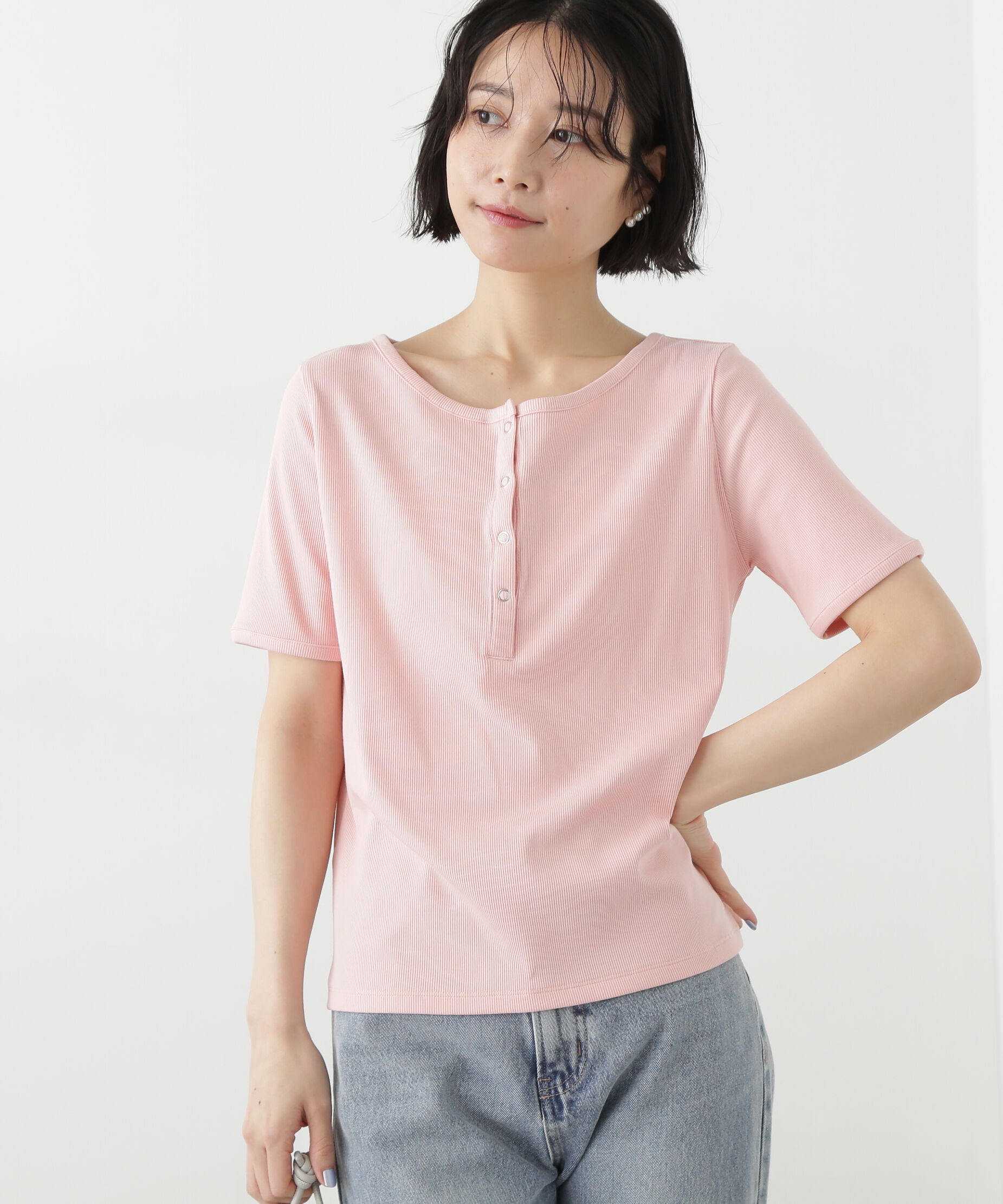  「ヘンリーネック五分袖カットソー」|Tシャツ・カットソー|ピンク