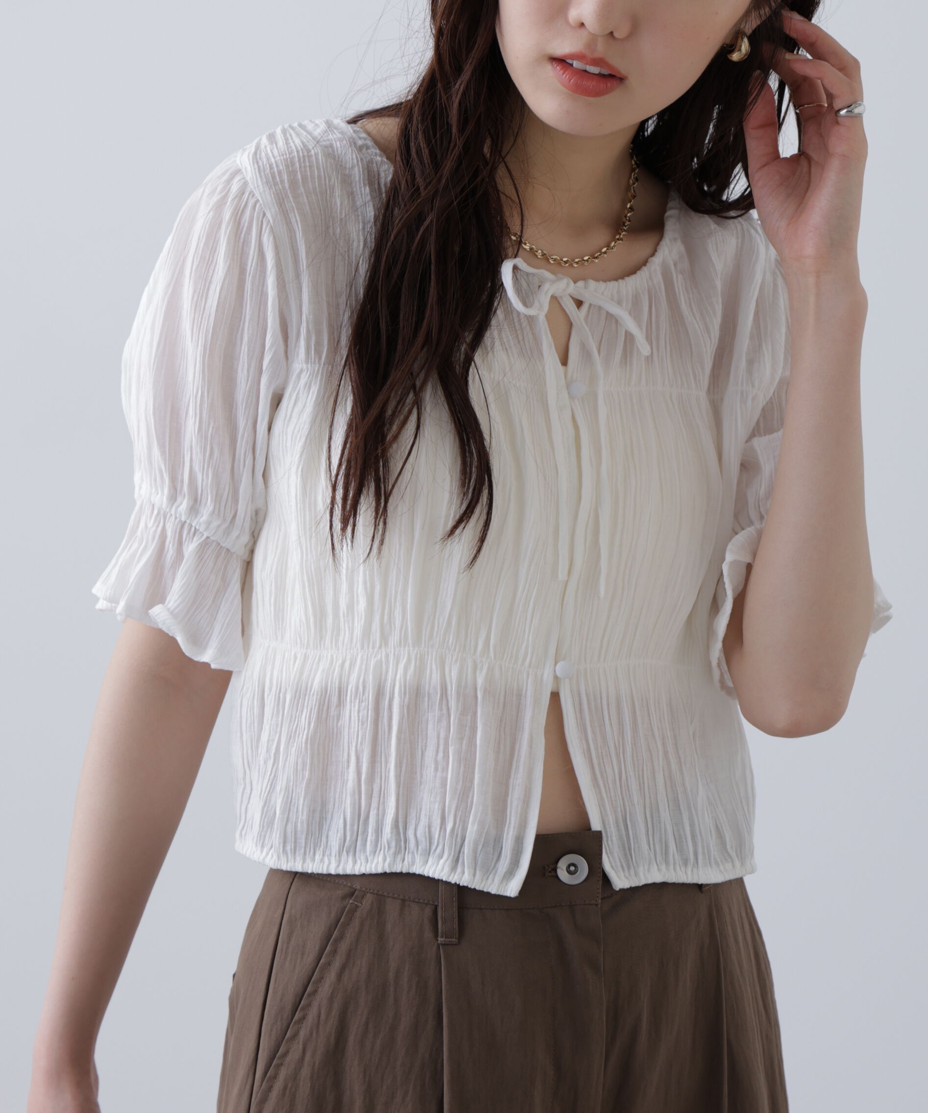  「シアーギャザー前開き短丈半袖ブラウス」|シャツ・ブラウス|