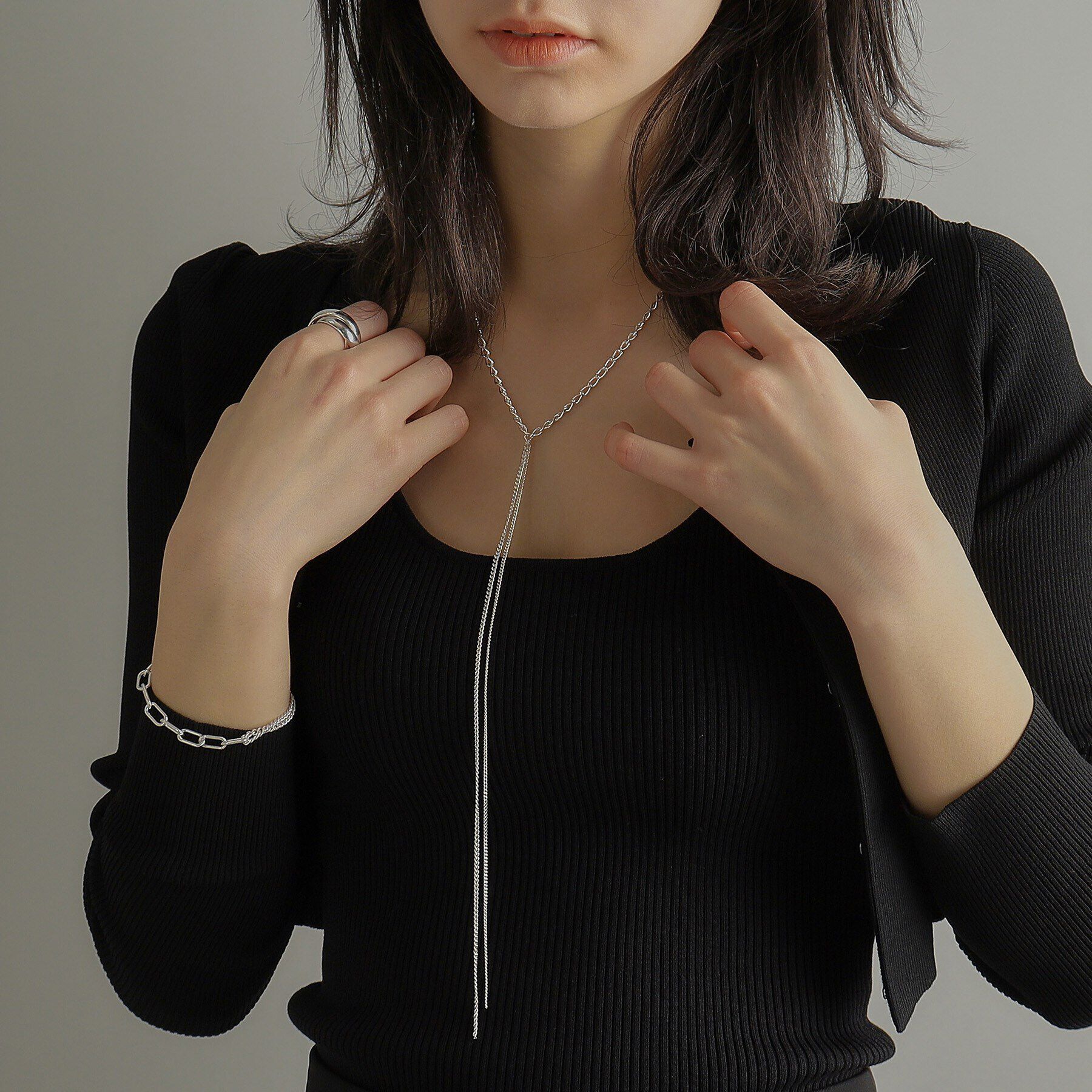 COCOSHNIK ONKITSCH「シルバー ミックスカーブチェーンフリンジ ネックレス」|ネックレス|