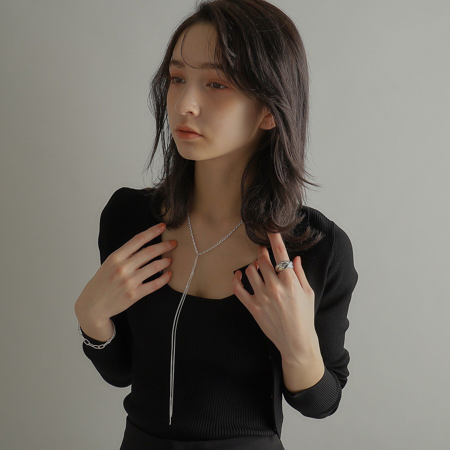 COCOSHNIK ONKITSCH「シルバー ミックスカーブチェーンフリンジ ネックレス」|ネックレス|