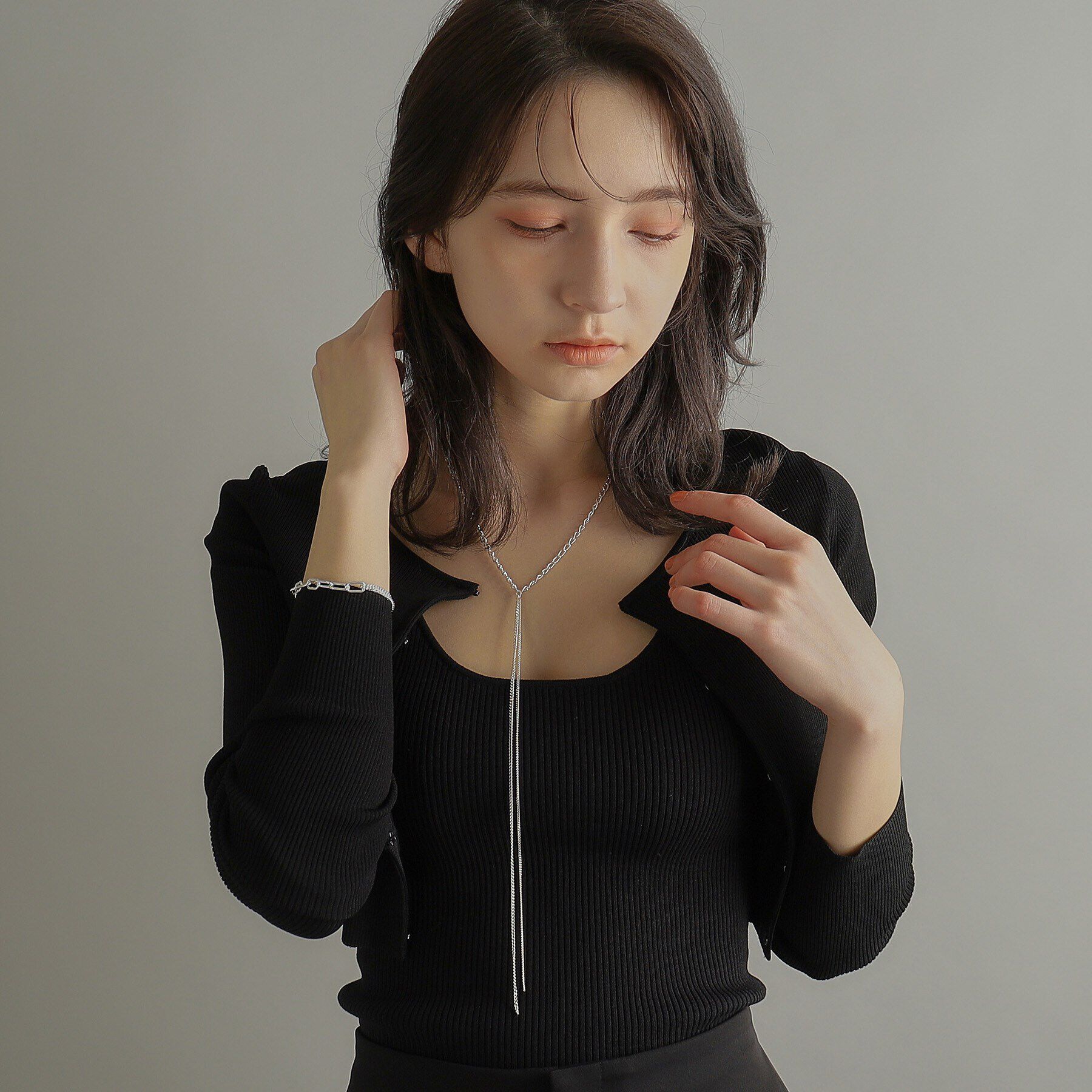 COCOSHNIK ONKITSCH「シルバー ミックスカーブチェーンフリンジ ネックレス」|ネックレス|