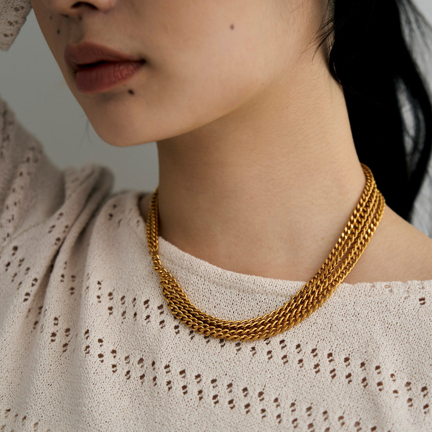 COCOSHNIK ONKITSCH「シルバー カーブチェーンアシンメトリードレープネックレス GP」|ネックレス|