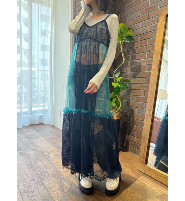 EVRIS「レースコンビロングキャミワンピース」|ワンピース|ネイビー