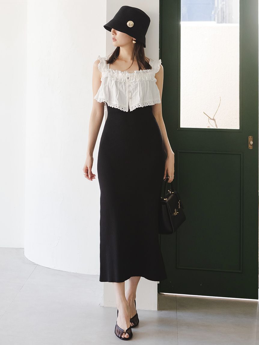 SNIDEL「レースドッキングニットワンピース」|ワンピース|BLK
