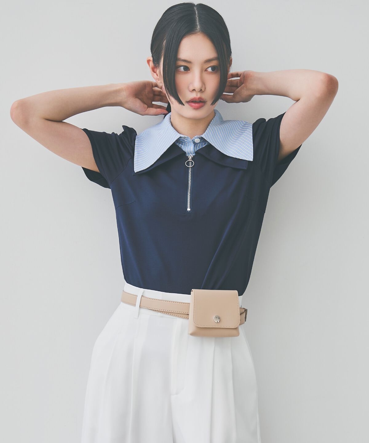 アンドクチュール「ダブルカラーZIPプルオーバー」|シャツ・ブラウス|ネイビー