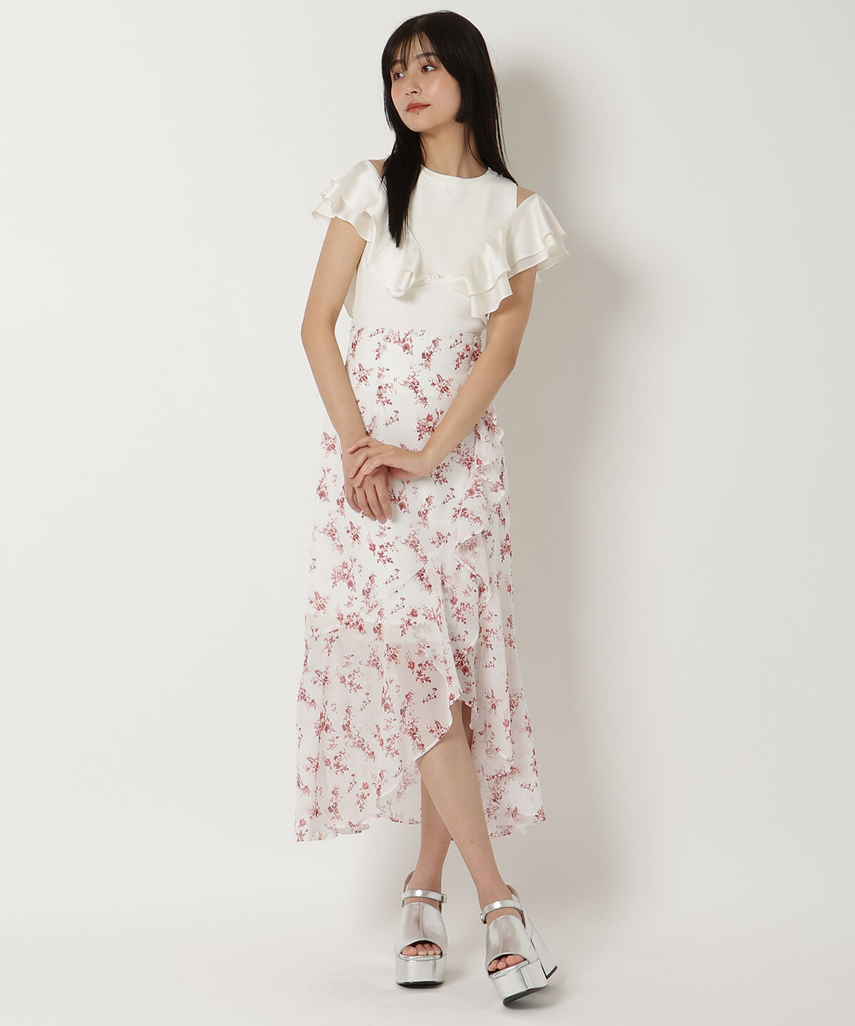 REDYAZEL「フラワープリントフリルスカート」|フレア|ピンク