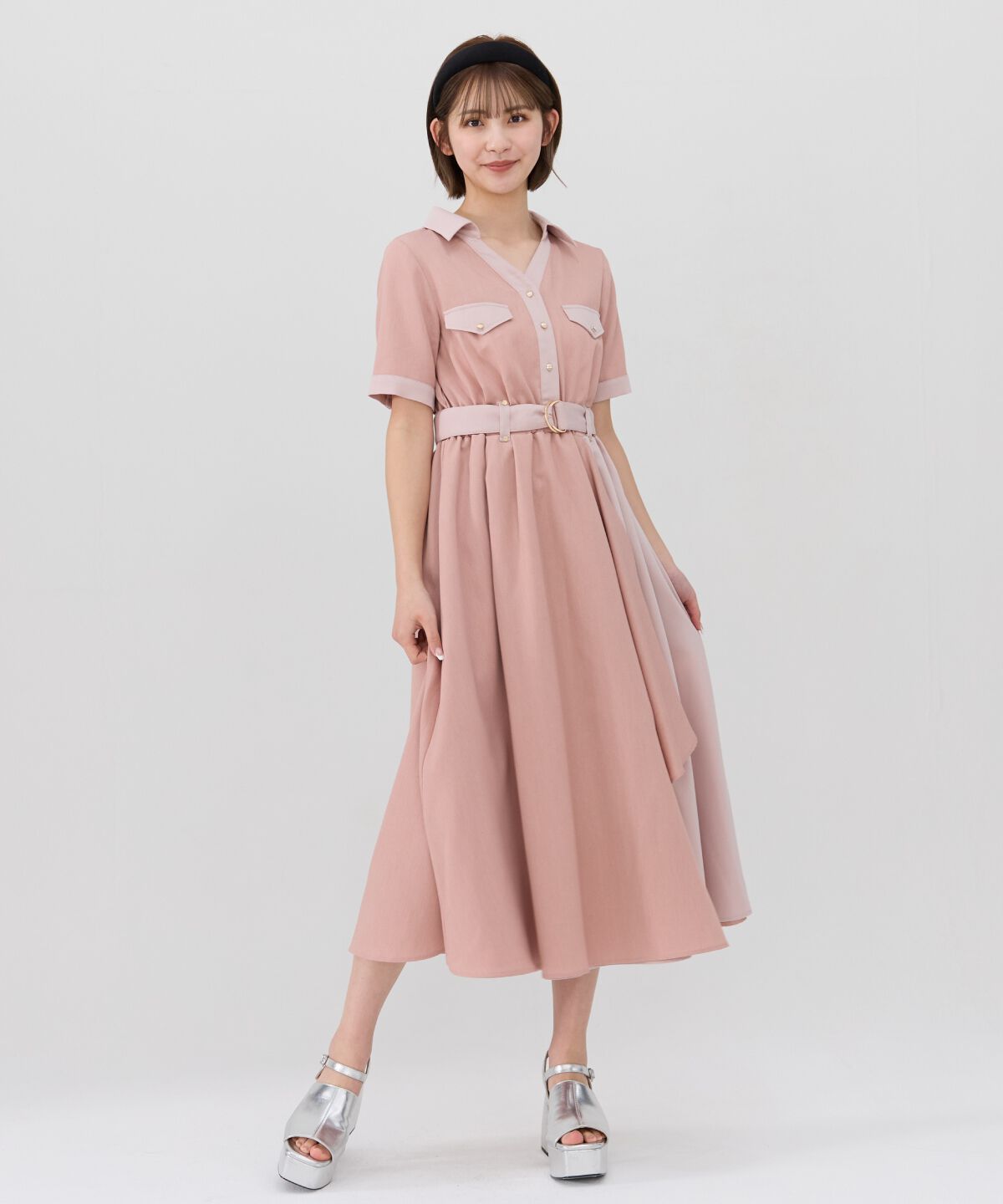 REDYAZEL「バイカラーアシメフリルシャツワンピース」|ワンピース|ピンク