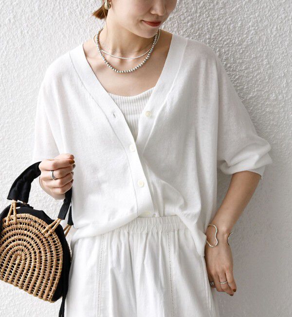 SHIPS any「SHIPS any:〈手洗い可能〉リネン ミックス Vネック ショート シアー カーディガン」|カーディガン|ホワイト