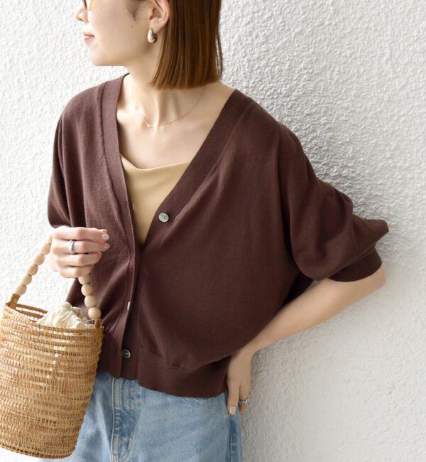 SHIPS any「SHIPS any:〈手洗い可能〉リネン ミックス Vネック ショート シアー カーディガン」|カーディガン|