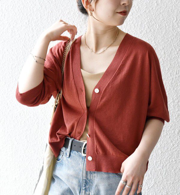 SHIPS any「SHIPS any:〈手洗い可能〉リネン ミックス Vネック ショート シアー カーディガン」|カーディガン|