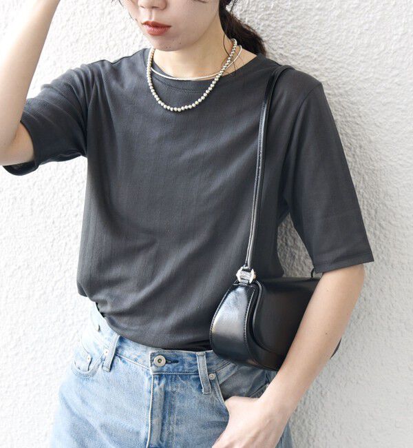 SHIPS any「SHIPS any:〈洗濯機可能〉シアー リブ ハーフ スリーブ クルーネック TEE」|Tシャツ・カットソー|チャコールグレー