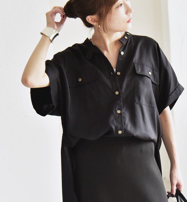 quaranciel「quaranciel:〈手洗い可能〉バンドカラー ハーフスリーブ ポケット ワーク シャツ」|シャツ・ブラウス|ブラック
