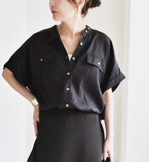 quaranciel「quaranciel:〈手洗い可能〉バンドカラー ハーフスリーブ ポケット ワーク シャツ」|シャツ・ブラウス|