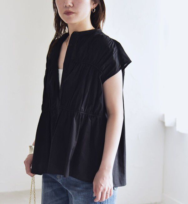 quaranciel「quaranciel:〈手洗い可能〉コットンボイル シアー ギャザー バンドカラー シャツ ブラウス」|シャツ・ブラウス|