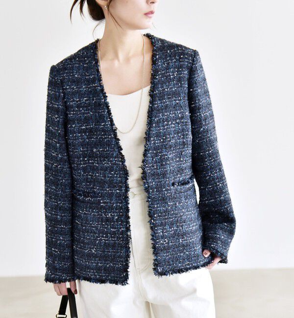 quaranciel「《予約》quaranciel: ツイード ノーラペル フリンジ ジャケット」|ノーカラージャケット|
