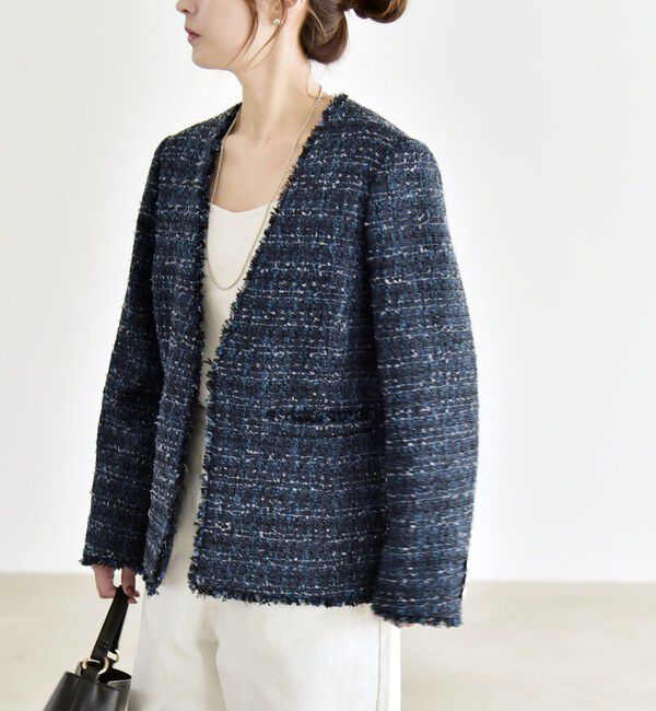 quaranciel「《予約》quaranciel: ツイード ノーラペル フリンジ ジャケット」|ノーカラージャケット|