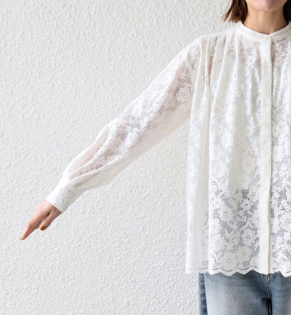 SHIPS any「《予約》SHIPS any:〈手洗い可能〉フラワー メッシュ レース バンドカラー タック シャツ」|シャツ・ブラウス|