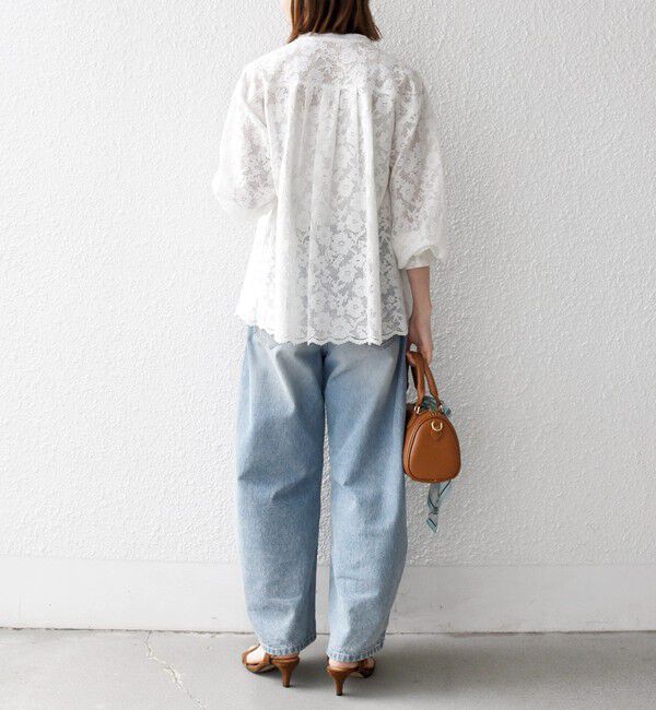 SHIPS any「《予約》SHIPS any:〈手洗い可能〉フラワー メッシュ レース バンドカラー タック シャツ」|シャツ・ブラウス|