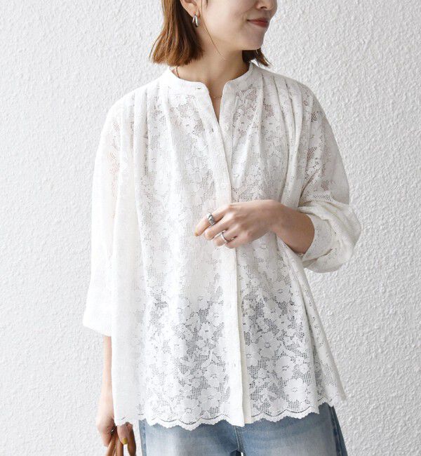 SHIPS any「《予約》SHIPS any:〈手洗い可能〉フラワー メッシュ レース バンドカラー タック シャツ」|シャツ・ブラウス|