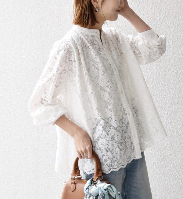 SHIPS any「《予約》SHIPS any:〈手洗い可能〉フラワー メッシュ レース バンドカラー タック シャツ」|シャツ・ブラウス|