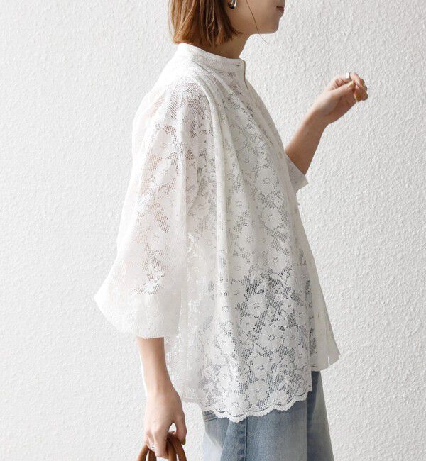 SHIPS any「《予約》SHIPS any:〈手洗い可能〉フラワー メッシュ レース バンドカラー タック シャツ」|シャツ・ブラウス|