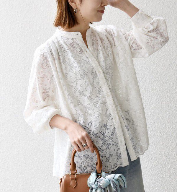 SHIPS any「《予約》SHIPS any:〈手洗い可能〉フラワー メッシュ レース バンドカラー タック シャツ」|シャツ・ブラウス|