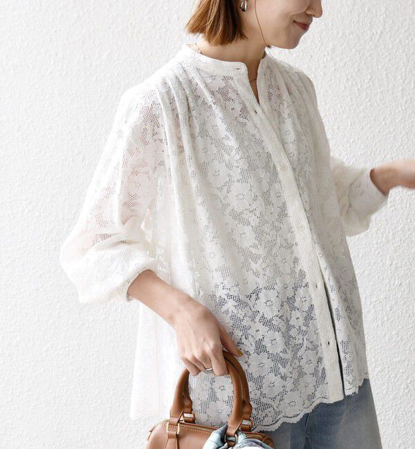 SHIPS any「《予約》SHIPS any:〈手洗い可能〉フラワー メッシュ レース バンドカラー タック シャツ」|シャツ・ブラウス|