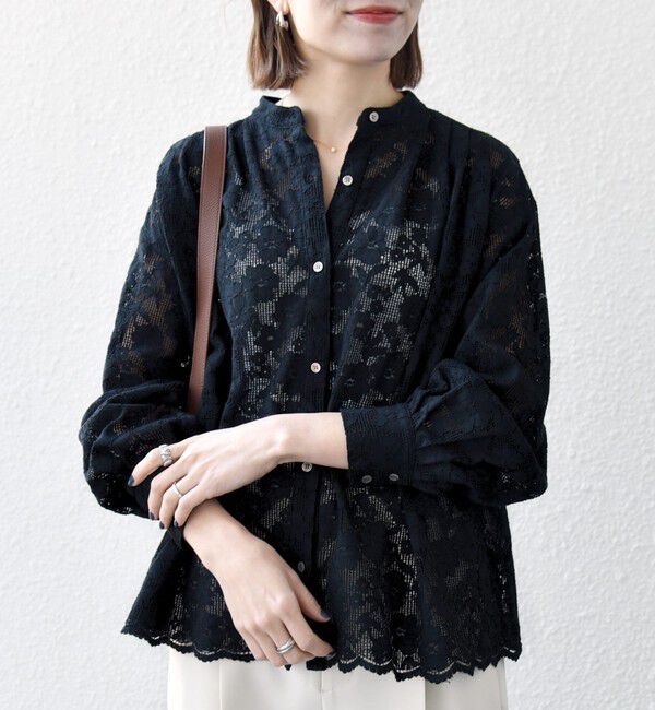 SHIPS any「《予約》SHIPS any:〈手洗い可能〉フラワー メッシュ レース バンドカラー タック シャツ」|シャツ・ブラウス|ブラック