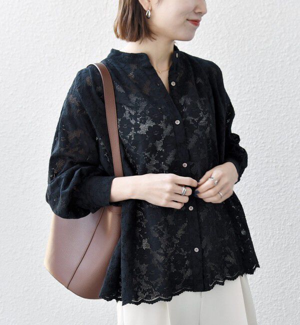 SHIPS any「《予約》SHIPS any:〈手洗い可能〉フラワー メッシュ レース バンドカラー タック シャツ」|シャツ・ブラウス|