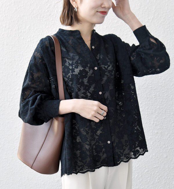 SHIPS any「《予約》SHIPS any:〈手洗い可能〉フラワー メッシュ レース バンドカラー タック シャツ」|シャツ・ブラウス|