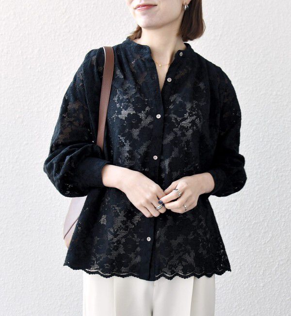 SHIPS any「《予約》SHIPS any:〈手洗い可能〉フラワー メッシュ レース バンドカラー タック シャツ」|シャツ・ブラウス|
