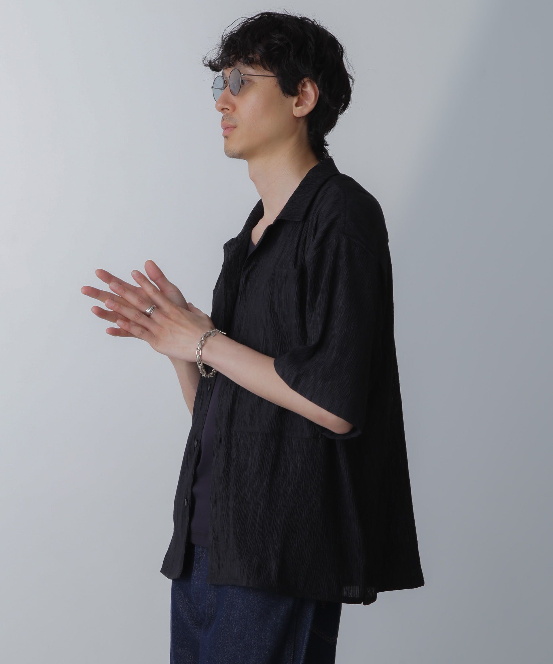 nano･universe「NORMANBROS別注ワイドポケット楊柳シャツ 半袖」|シャツ・ブラウス|ブラック