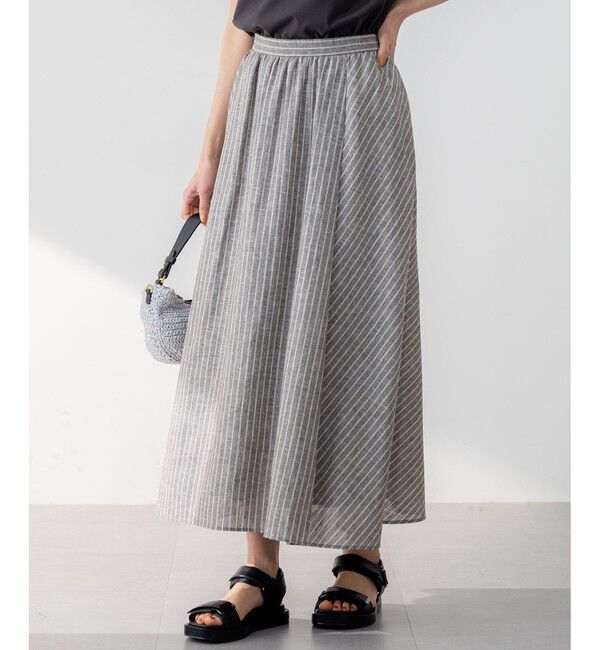 23区「【洗える】リネンコットンストライプ ギャザー スカート」|スカート|ﾀﾞｰｸﾌﾞ