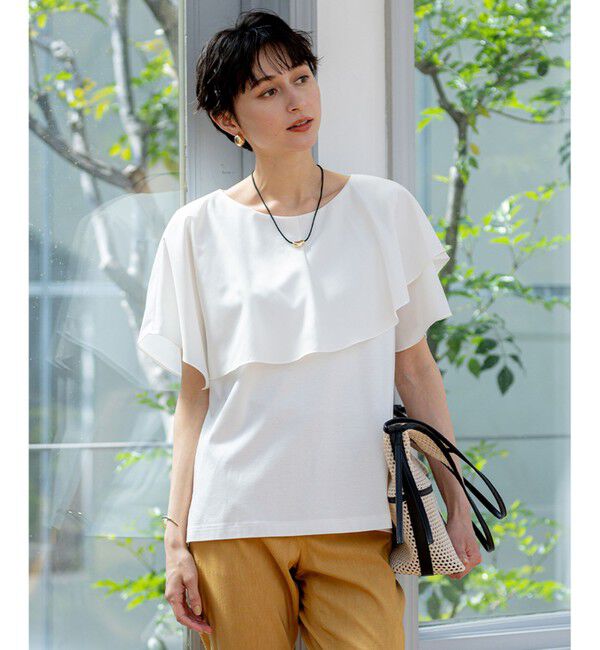 23区「【汗じみ防止/洗える】スムースデザイン ラッフルカラー カットソー」|Tシャツ・カットソー|ホワイト系