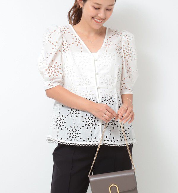 NOLLEY'S「《セットアップ対応》Brocheレース パワショル半袖ブラウス」|シャツ・ブラウス|ホワイト