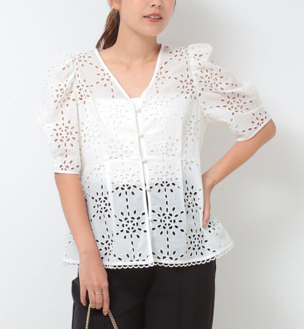 NOLLEY'S「《セットアップ対応》Brocheレース パワショル半袖ブラウス」|シャツ・ブラウス|