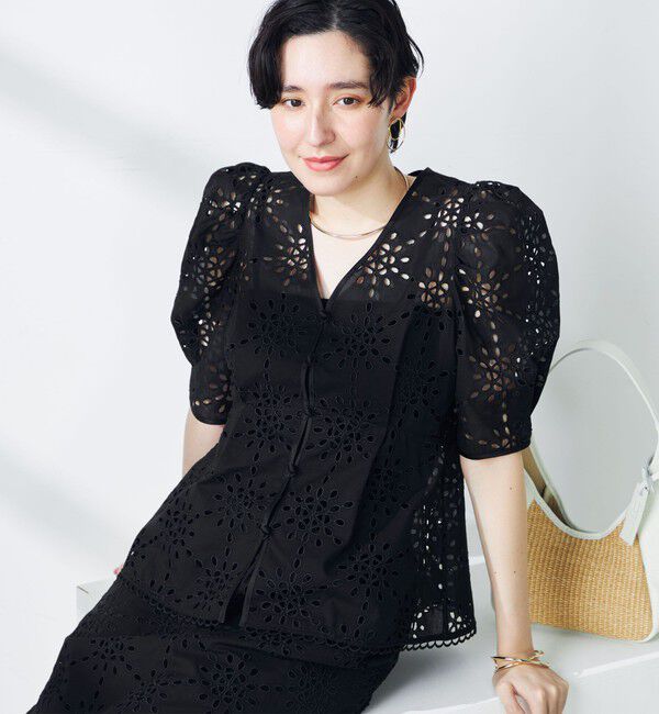 NOLLEY'S「《セットアップ対応》Brocheレース パワショル半袖ブラウス」|シャツ・ブラウス|